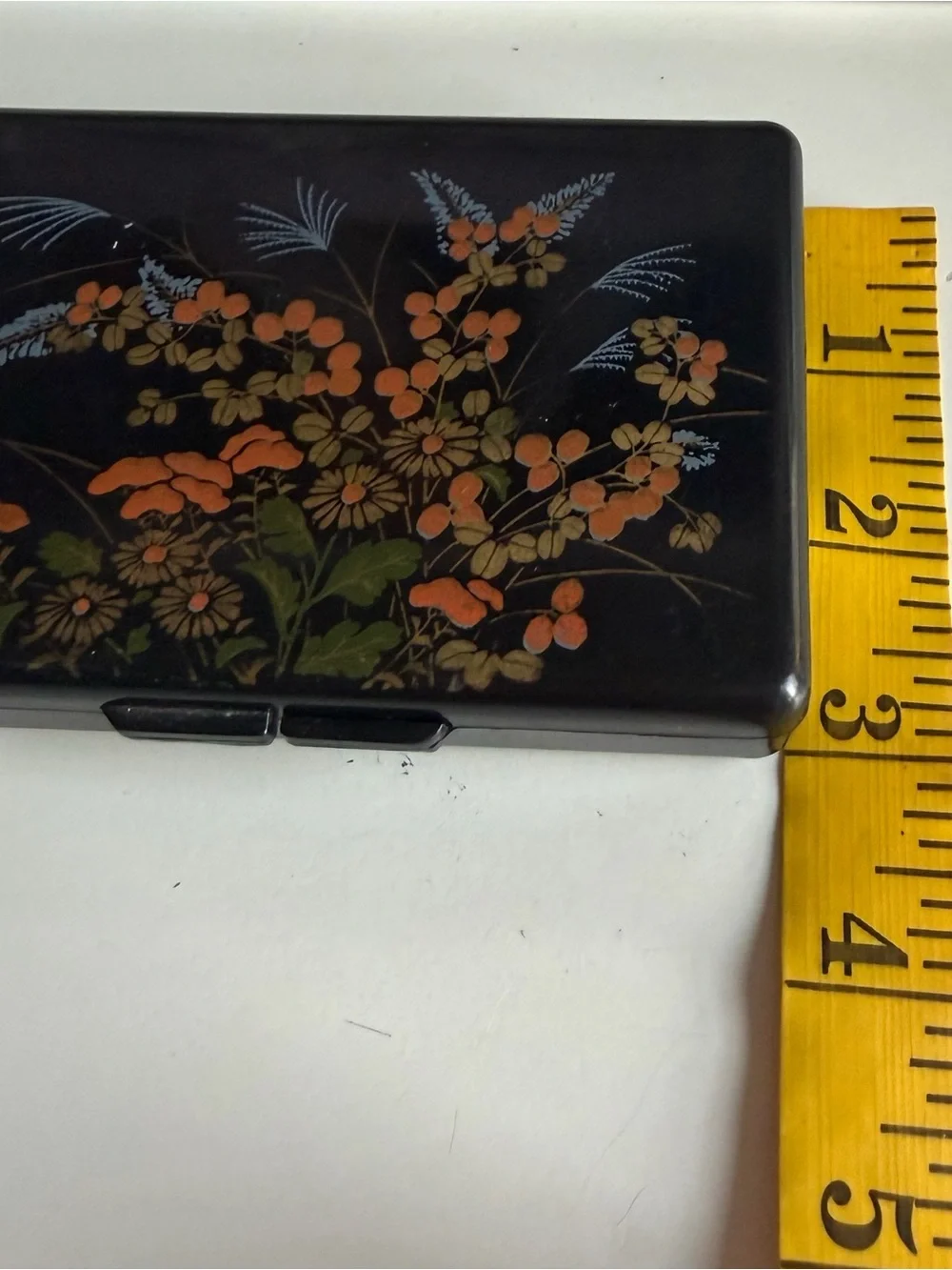 Vintage Hong Kong Black Lacquer Style Floral Jewelry Trinket Box Mirror
